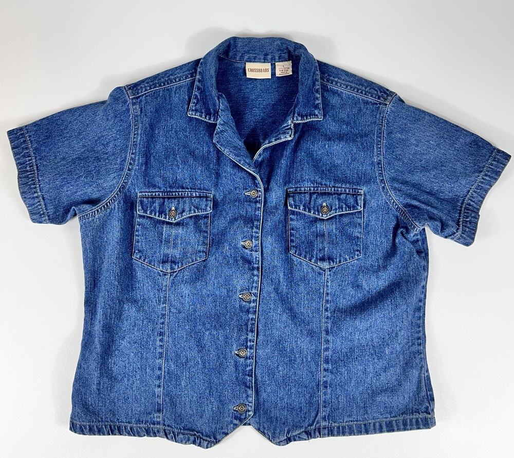 Crossroads Y2K Denim Button Front Shirt Womens Large Blue Short Sleeve Country